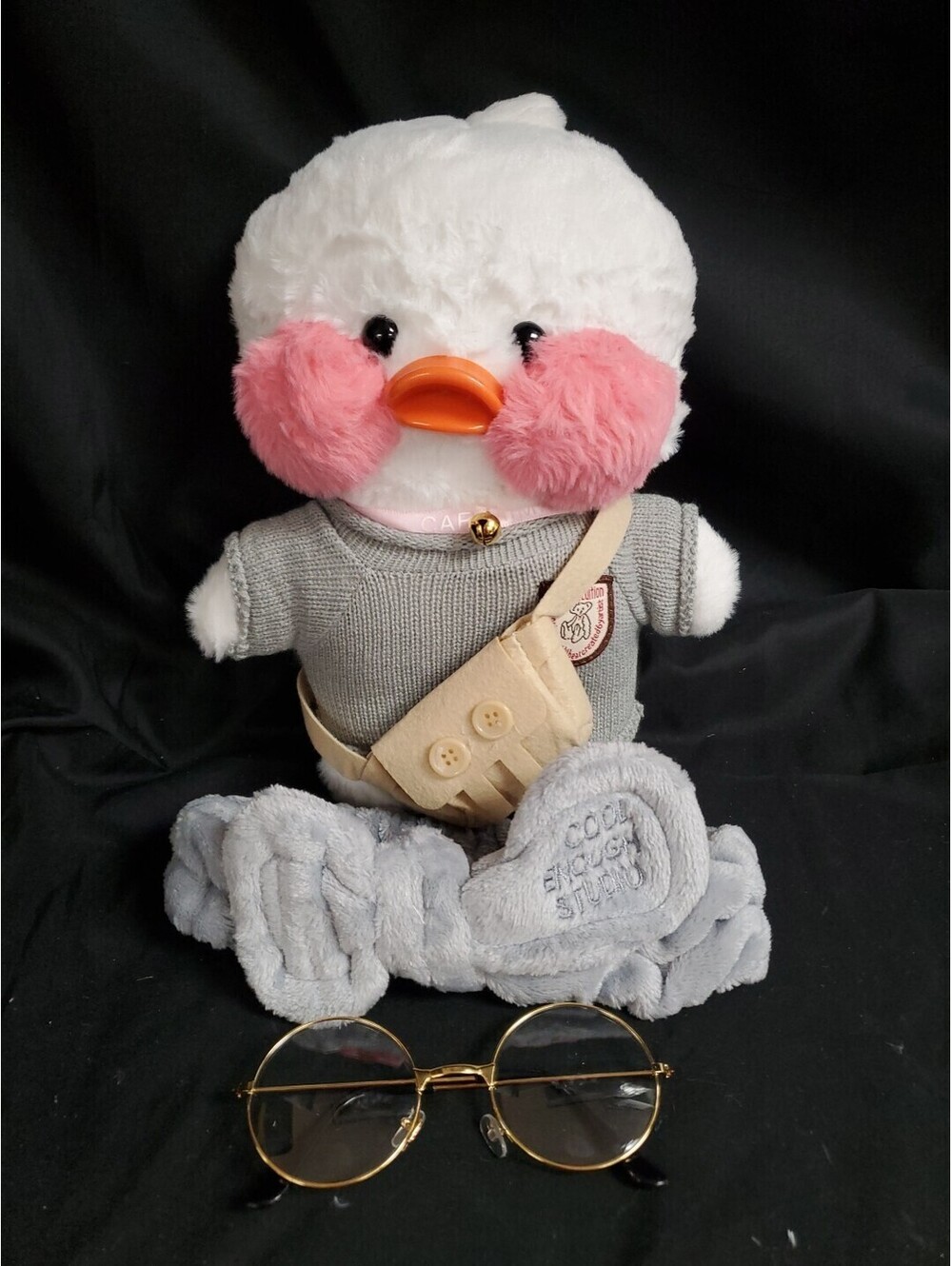 Duck Lalafanfan Mimi Cafe Plush White Duck 13" With Cardigan & Eyeglasses NEW